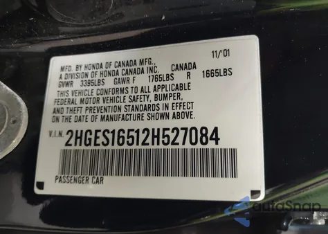 2002 Honda Civic Lx z USA, uszkodzony, nr VIN 2HGES16512H527084